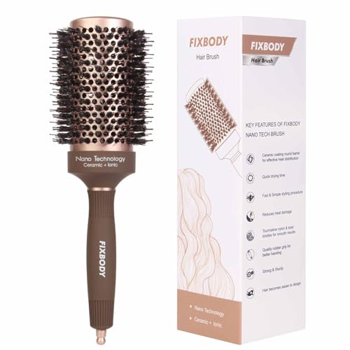 FIXBODY Boar Bristles Round Hair Brush, Nano Thermal Ceramic & Ionic Tech, Roller Hairbrush for Blow Drying, Curling, Straightening, Add Volume & Shine (3.3 inch, Barrel 2 inch)