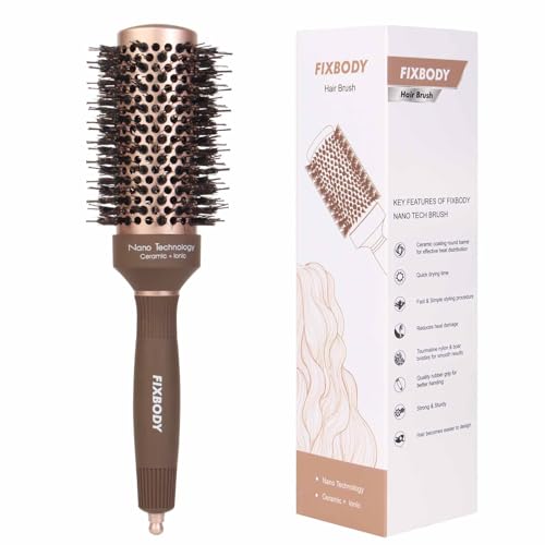FIXBODY Round Hair Brush with Boar Bristles, Nano Thermal Ceramic, Ionic Tech, Roller Hairbrush for Blow Drying, Curling, Straightening (3 inch, Barrel 1.7 inch)