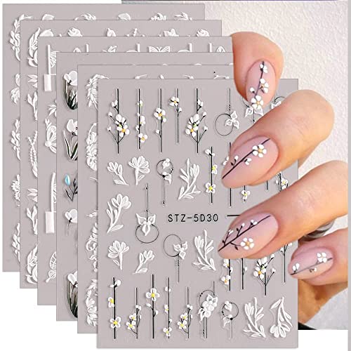 Flower 5D Nail Art Stickers Embossed Decals Exquisite Color Spring Summer Flowers Pattern Designs Self Adhesive Nail Art Supplies Acrylic Nail Art Accessories Sticker for Women Girls, 6 Sheets