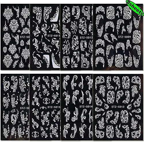 Flower Nail Art Stickers Decals, 8 Sheets 5D Engraved Flower Nail Decals White Wedding Nail Art Accessories French Tips Nail Designs Self Adhesive Lace Flower Carving Nail Stickers for Women Girls - Image 6