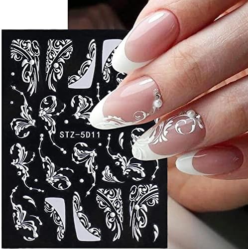 Flower Nail Art Stickers Decals, 8 Sheets 5D Engraved Flower Nail Decals White Wedding Nail Art Accessories French Tips Nail Designs Self Adhesive Lace Flower Carving Nail Stickers for Women Girls - Image 3