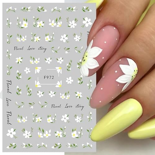 Flower Nail Art Stickers Decals Floral Daisy Nail Decals Spring Summer Nail Art Decorations Supplies Daisy Floral Leaf Design 3D Self-Adhesive Nail Stickers Gel Manicure Sliders for Women Girls 6PCS - Image 9