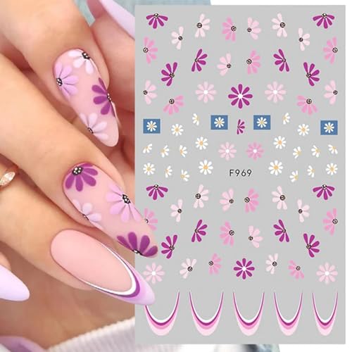 Flower Nail Art Stickers Decals Floral Daisy Nail Decals Spring Summer Nail Art Decorations Supplies Daisy Floral Leaf Design 3D Self-Adhesive Nail Stickers Gel Manicure Sliders for Women Girls 6PCS - Image 8