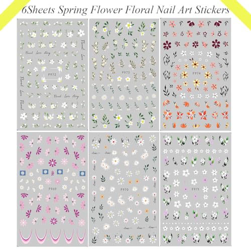 Flower Nail Art Stickers Decals Floral Daisy Nail Decals Spring Summer Nail Art Decorations Supplies Daisy Floral Leaf Design 3D Self-Adhesive Nail Stickers Gel Manicure Sliders for Women Girls 6PCS - Image 6