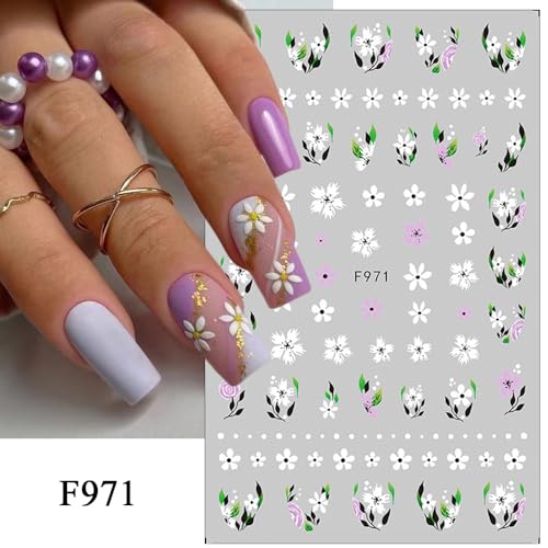 Flower Nail Art Stickers Decals Floral Daisy Nail Decals Spring Summer Nail Art Decorations Supplies Daisy Floral Leaf Design 3D Self-Adhesive Nail Stickers Gel Manicure Sliders for Women Girls 6PCS - Image 3