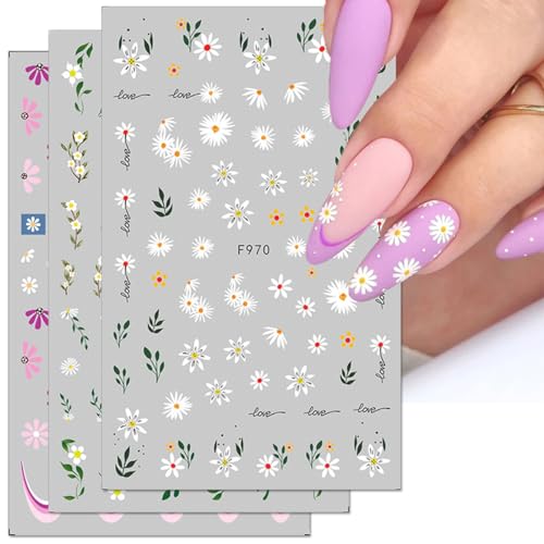 Flower Nail Art Stickers Decals Floral Daisy Nail Decals Spring Summer Nail Art Decorations Supplies Daisy Floral Leaf Design 3D Self-Adhesive Nail Stickers Gel Manicure Sliders for Women Girls 6PCS - Image 2