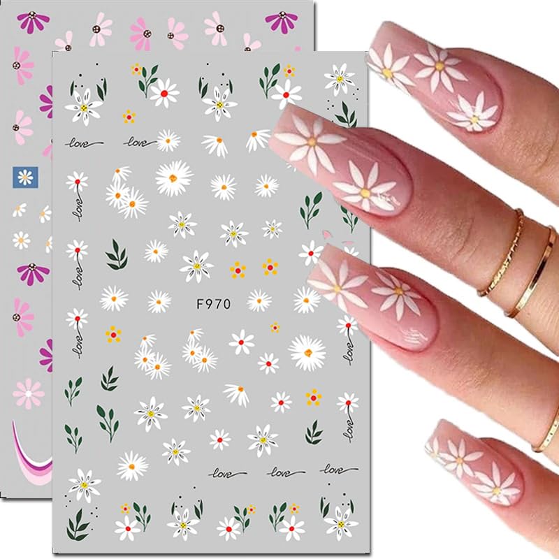 Flower Nail Art Stickers Decals Floral Daisy Nail Decals Spring Summer Nail Art Decorations Supplies Daisy Floral Leaf Design 3D Self-Adhesive Nail Stickers Gel Manicure Sliders for Women Girls 6PCS