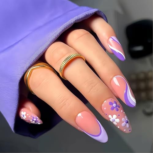 Flower Press On Nails Medium Almond, 24Pcs Purple Flower Line Design Fake Nails Gel Stick On Nails, Full Cover False Nails Acrylic Nail Kit For Women Girls