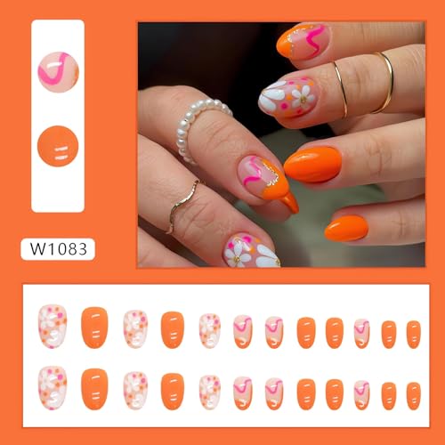 Flower Press on Nails Short Fake Nails, 24Pcs Oval Nails Cute Design Glue on Nails Glossy Orange False Nails Spring Summer Nail Art Decorations Short Almond Acrylic Nails for Women Girls - Image 2
