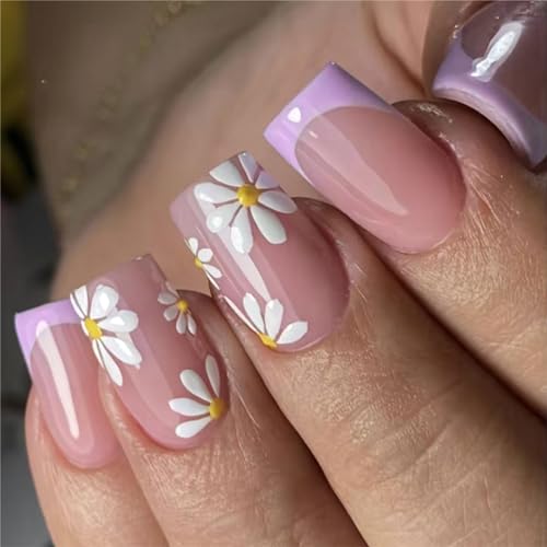 Flower Press on Nails Short Nude French Tips Fake Nails Square Design Purple False Nails Acrylic Nails Glossy Glue on Nails Stick on Nails for Women and Girls