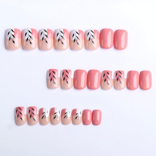 Flower Press on Nails Short Square Spring Summer Fake Nails, Black Leaf Pink White Acrylic Nails Kits, Glossy Gel False Nails Stick Glue on Nails Tip Manicure 24Pcs - Image 4