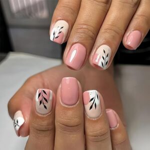Flower Press on Nails Short Square Spring Summer Fake Nails, Black Leaf Pink White Acrylic Nails Kits, Glossy Gel False Nails Stick Glue on Nails Tip Manicure 24Pcs