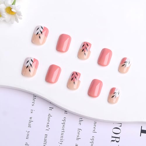 Flower Press on Nails Short Square Spring Summer Fake Nails, Black Leaf Pink White Acrylic Nails Kits, Glossy Gel False Nails Stick Glue on Nails Tip Manicure 24Pcs - Image 3