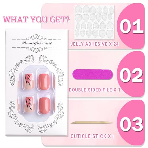 Flower Press on Nails Short Square Spring Summer Fake Nails, Black Leaf Pink White Acrylic Nails Kits, Glossy Gel False Nails Stick Glue on Nails Tip Manicure 24Pcs - Image 5