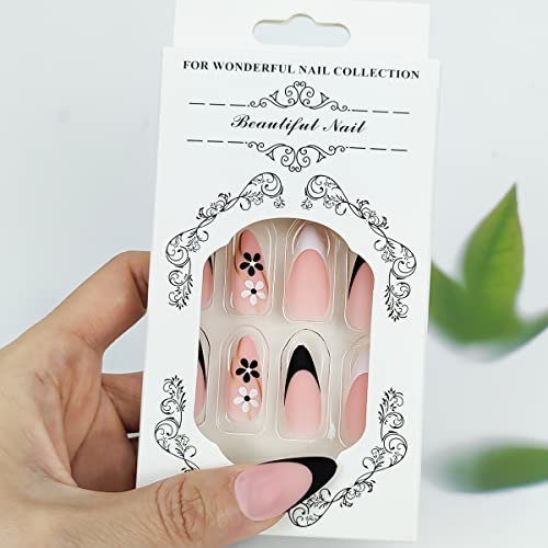 Flowers Press on Nails Medium Almond Fake Nails French Goldline Black White Floral False Nails Acrylic Petals Design Accessories Supplies for Home Manicure Salon Decoration DIY for Women 24PCS - Image 5