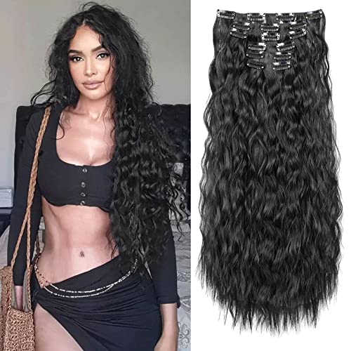 FLUFYMOOZ Clip In Hair Extensions,6PCS Hair Extensions Long Mermaid Waves Wavy Synthetic Clip On Hairpiece For Women 24 Inch (Natural Black)