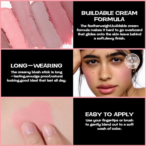 FOCALLURE Cream Blush Makeup,Buildable Blush Stick for Cheeks,Matte and Dewy Finish,Long Wearing,Easy Application,Lightweight Multi Stick,BABY PINK - Image 3