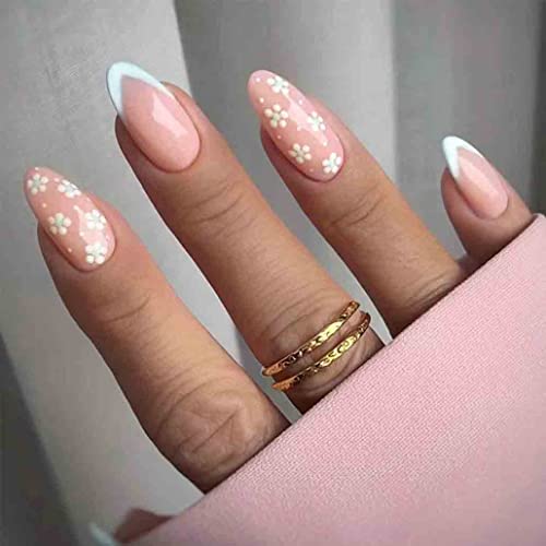 Foccna 24pcs White Press on Nails Pink Fake Nails Almond Daisy Design Glossy Medium French False Nail Tips Artificial Finger Manicure for Women and Girls