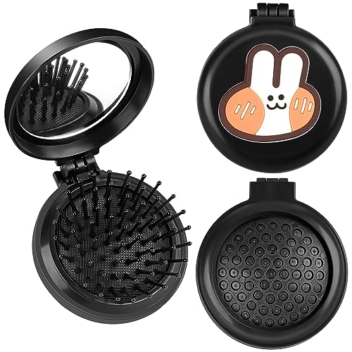 Folding Hair Brush with Mirror Cute Mini Round Hair Comb Pocket Hairbrushes with Makeup Mirror Travel Hair Massage Comb for Women and Girls(Black)