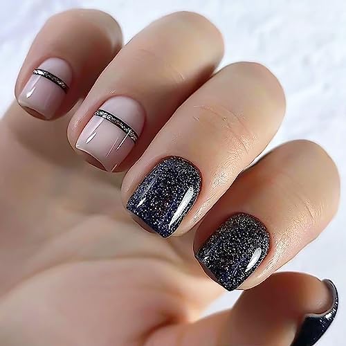 French Coffin Fake Nails Silver Glitter lines Designs False Nails (Medium Style-Z5Z3-1)