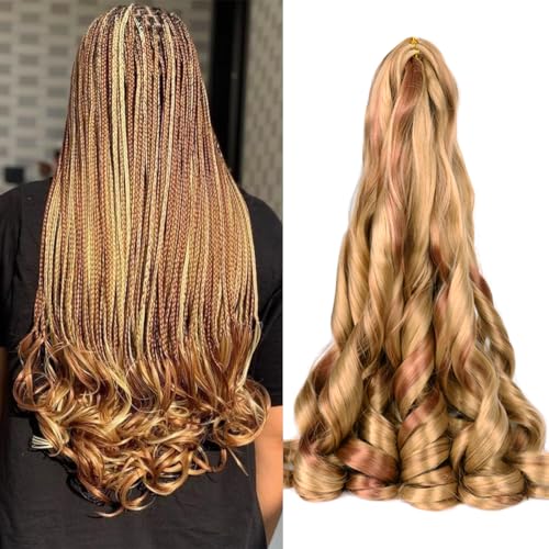 French Curly Braiding Hair for Box Braids P27/30 Loose Wave Braiding Hair 8 Packs 24 Inch 75G/Pack Spanish Curly Synthetic Spiral Curl Silky Braiding Hair Extensions (24 Inch,8 Packs,P27/30)
