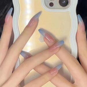 French Gradient Press On Nails Medium, KemyFei Minimalist Blue Glossy False Nails with Jelly Glue Reusable On Nails, 24pcs Full Cover Fake Nails Reusable Women and Girls DIY Manicure
