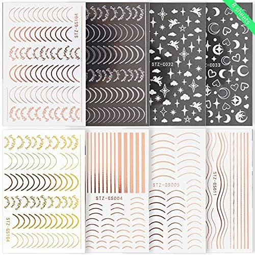 French Line Nail Art Stickers Decals 8 Sheets 3D Self-Adhesive Metal Curve Stripe Lines Design Nail Decorations Half Moon, Wave Line, Metallic Chains Line and Star for Women Acrylic Nail Supply - Image 8