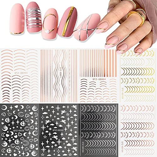 French Line Nail Art Stickers Decals 8 Sheets 3D Self-Adhesive Metal Curve Stripe Lines Design Nail Decorations Half Moon, Wave Line, Metallic Chains Line and Star for Women Acrylic Nail Supply