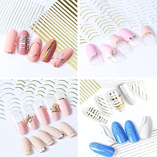 French Line Nail Art Stickers Decals 8 Sheets 3D Self-Adhesive Metal Curve Stripe Lines Design Nail Decorations Half Moon, Wave Line, Metallic Chains Line and Star for Women Acrylic Nail Supply - Image 4