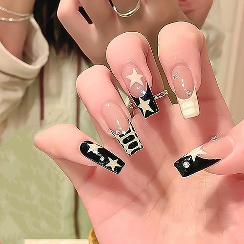 French Pink Press on Nails Medium Coffin Fake Nails with Design Brown Black Nails Ballerina Valentine’s Day Acrylic Nails Cute withStars Artificial False Nails Stick on Nails for Women 24Pcs