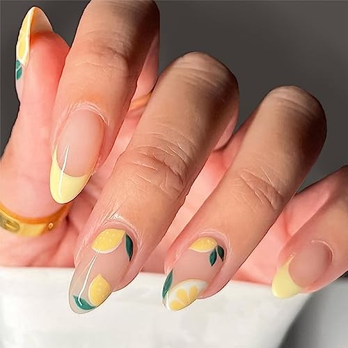 French Press on Nails Almond Fake Nails with Lemon Design Glossy Glue on Nails Full Cover False Nails Yellow Acrylic Nails Stick on Nails for Women 24 Pcs