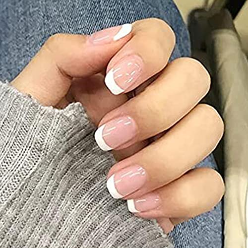French Press on Nails Pink Short Fake Nails Square False Nails Glossy Full Cover Acrylic Clip on Nails Tips Wedding Stick on Nails for Women and Girls 24PCS (E)