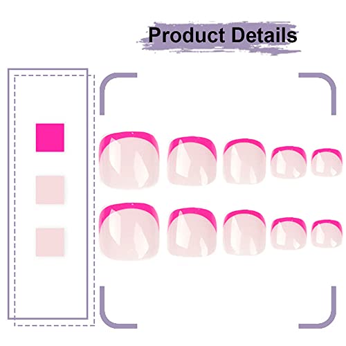 French Press on Toenails Short Square Fake Toenails Pink Tip Full Cover False Toe Nails Summer Design Detachable Press On Toenails Acrylic Manicure Toenail Tips for Women 24pcs - Image 5