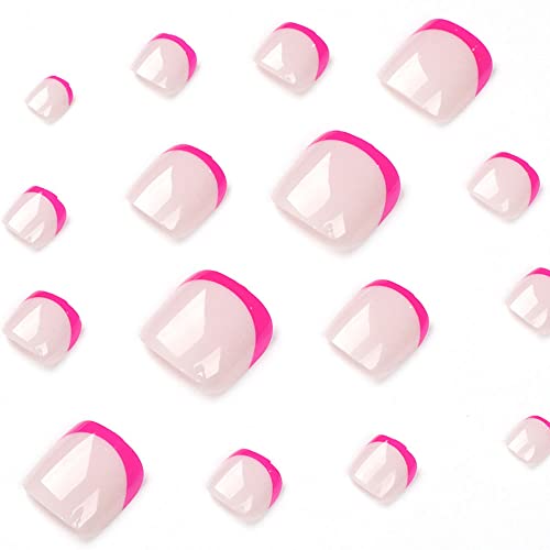French Press on Toenails Short Square Fake Toenails Pink Tip Full Cover False Toe Nails Summer Design Detachable Press On Toenails Acrylic Manicure Toenail Tips for Women 24pcs - Image 3