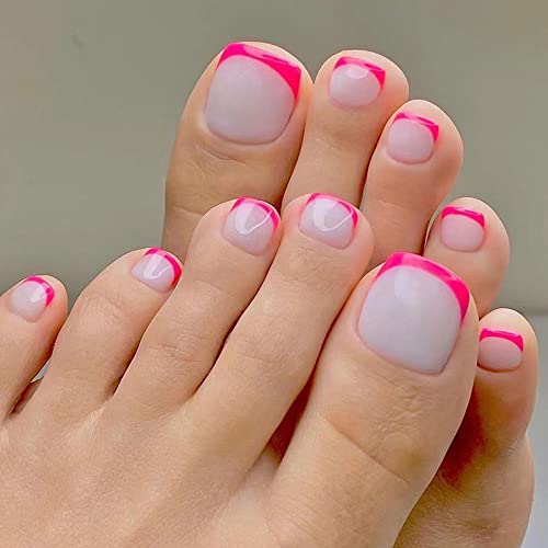 French Press on Toenails Short Square Fake Toenails Pink Tip Full Cover False Toe Nails Summer Design Detachable Press On Toenails Acrylic Manicure Toenail Tips for Women 24pcs