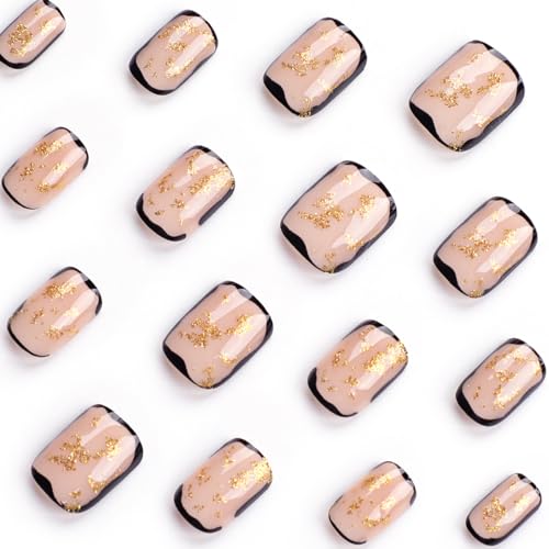French Short Press on Nails Square JUKUPOA Acrylic Fake Nails Kit Nude False Nails with Gold Glitter Designs Full Cover Glossy Glue on Nails Stick on Nails for Women Girls 24Pcs - Image 3