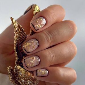French Short Press on Nails Square JUKUPOA Acrylic Fake Nails Kit Nude False Nails with Gold Glitter Designs Full Cover Glossy Glue on Nails Stick on Nails for Women Girls 24Pcs