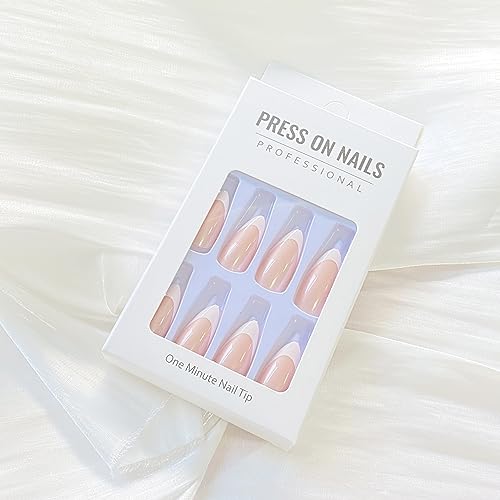 French Tip Almond Press on Nails Medium Fake Nails with Chrome Designs Stick on Nails Glossy Nude False Nails Mirror Glue on Acrylic Nails for Women Girls Summer Holiday DIY Manicure24PCS - Image 5