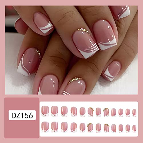 French Tip Fake Nails Short Square Press on Nails Cute Pink Glue on Nails with Rhinestones Designs Short French Acrylic Nails White Nail Tip Artificial Nails for Women Girls Nail Art Decorations - Image 4