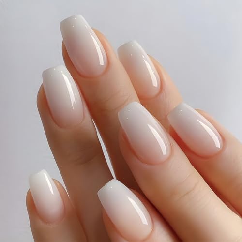 French Tip Nails Medium Press on Nails Coffin Fake Nails Pink Nails Glossy Nails Acrylic Nails Nude Gradient Glue on Nails for Women 24 PCS/Set