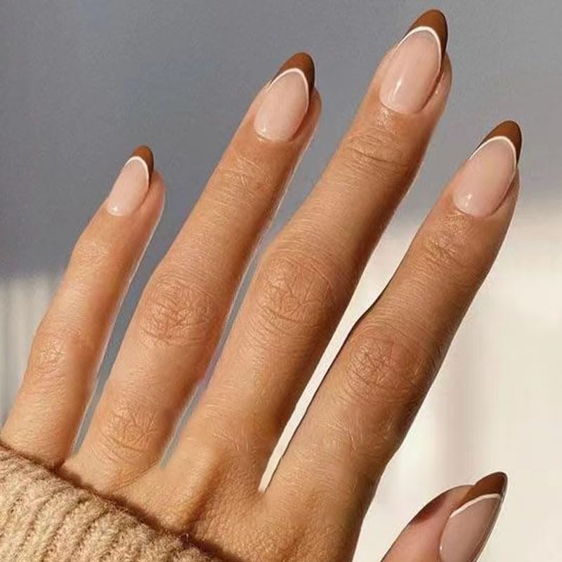 French Tip Press on Nails Almond Shape Fake Nails Brown Nail Tips Glossy Nude with French Designs False Nails Full Cover Acrylic Nails Almond Glue on Nails for Women Girls