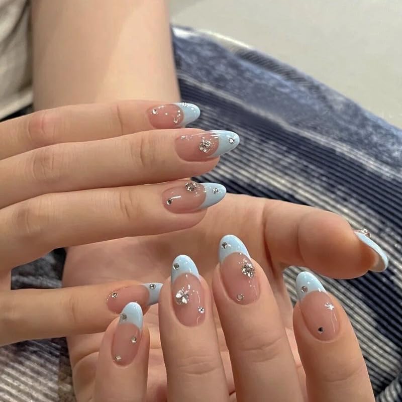 French Tip Press on Nails Blue Almond Fake Nails Medium Acrylic Nails Short Oval False Nails with Designs Rhinestone Glue on Nails Full Cover Gel Nails Press Ons for Women Girls Manicure Kit 24Pcs