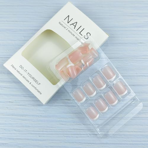 French Tip Press on Nails Extra Short Nude White Square Fake Nails Reusable Acrylic Nails With Glue on Nails Cute Glossy Full Cover Stick on Nails Accessories Nails for Women 24Pcs - Image 5