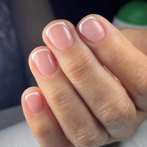 French Tip Press on Nails Extra Short Nude White Square Fake Nails Reusable Acrylic Nails With Glue on Nails Cute Glossy Full Cover Stick on Nails Accessories Nails for Women 24Pcs