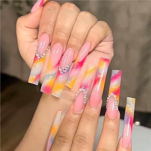 French Tip Press on Nails Long Coffin Colored Fake Nails Acrylic False Nails with Rhinestones Designs Pink Full Cover Artificial Glue on Nails Glitter Powder Press ons Stick on Nails for Women 24Pcs