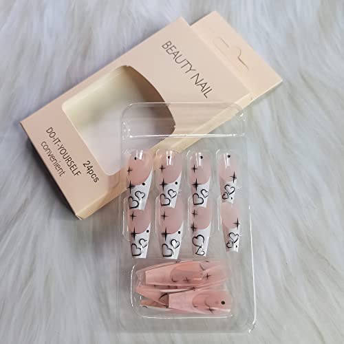 French Tip Press on Nails Long Coffin Fake Nails White Black Acrylic Nails Glossy Glue on Nails Winter False Nails Line Star Heart Stick on Nails with Design Artificial Finger Manicure for Women Girls - Image 2