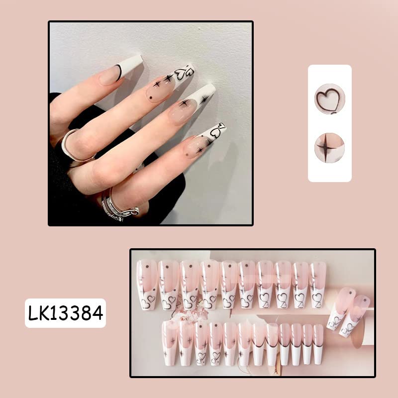 French Tip Press on Nails Long Coffin Fake Nails White Black Acrylic Nails Glossy Glue on Nails Winter False Nails Line Star Heart Stick on Nails with Design Artificial Finger Manicure for Women Girls - Image 8