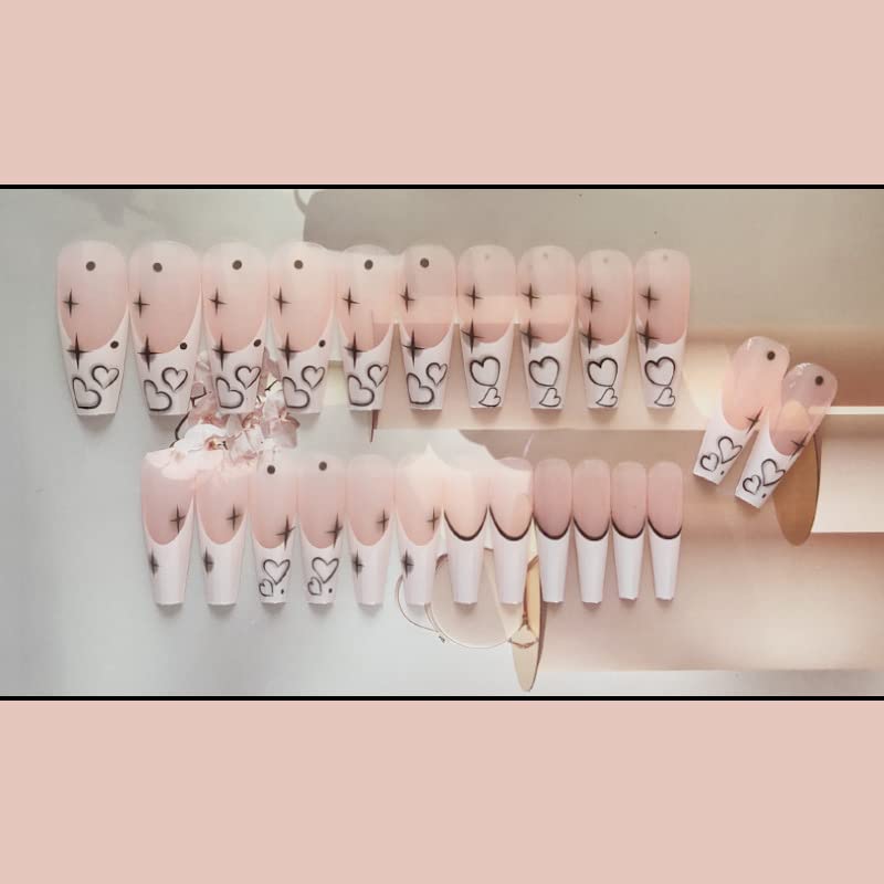 French Tip Press on Nails Long Coffin Fake Nails White Black Acrylic Nails Glossy Glue on Nails Winter False Nails Line Star Heart Stick on Nails with Design Artificial Finger Manicure for Women Girls - Image 5
