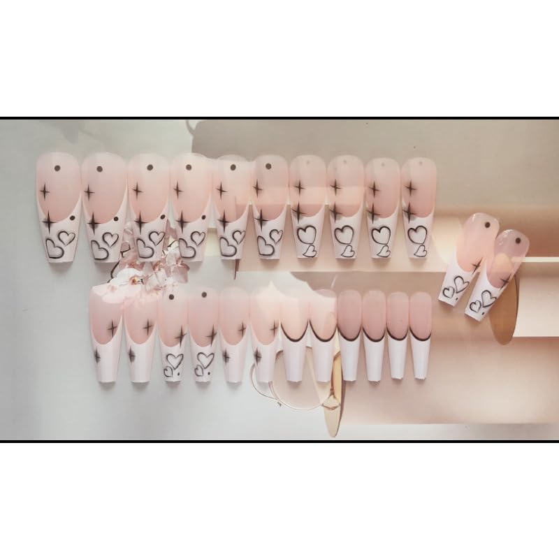 French Tip Press on Nails Long Coffin Fake Nails White Black Acrylic Nails Glossy Glue on Nails Winter False Nails Line Star Heart Stick on Nails with Design Artificial Finger Manicure for Women Girls - Image 9