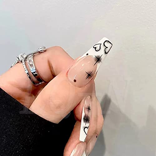 French Tip Press on Nails Long Coffin Fake Nails White Black Acrylic Nails Glossy Glue on Nails Winter False Nails Line Star Heart Stick on Nails with Design Artificial Finger Manicure for Women Girls - Image 4